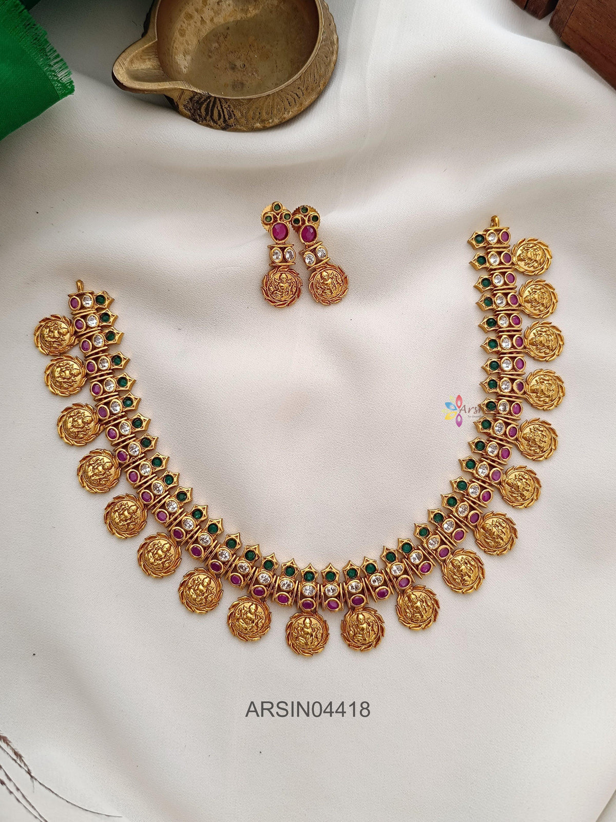 Three Layer Stone with Lakshmi Coin Necklace