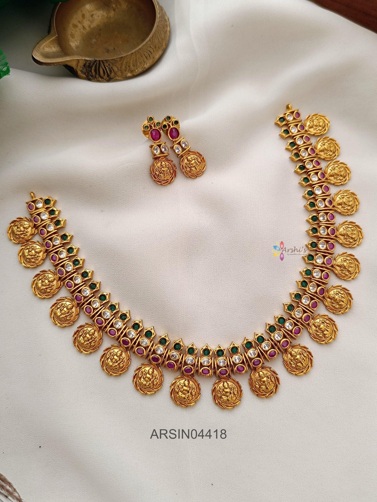 Three Layer Stone with Lakshmi Coin Necklace