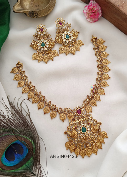 Peacock Floral Design Pendant Lakshmi Coin Necklace