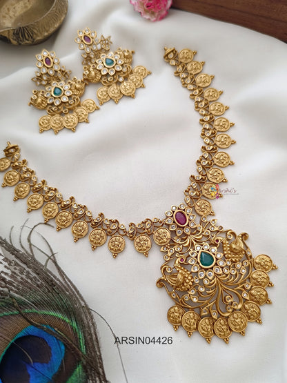 Peacock Floral Design Pendant Lakshmi Coin Necklace