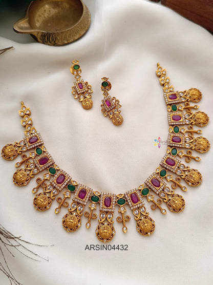 Ruby and Green Stone Lakshmi Coin Necklace