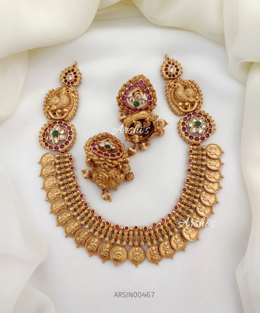 Peacock Red And Green Lakshmi Coin Necklace