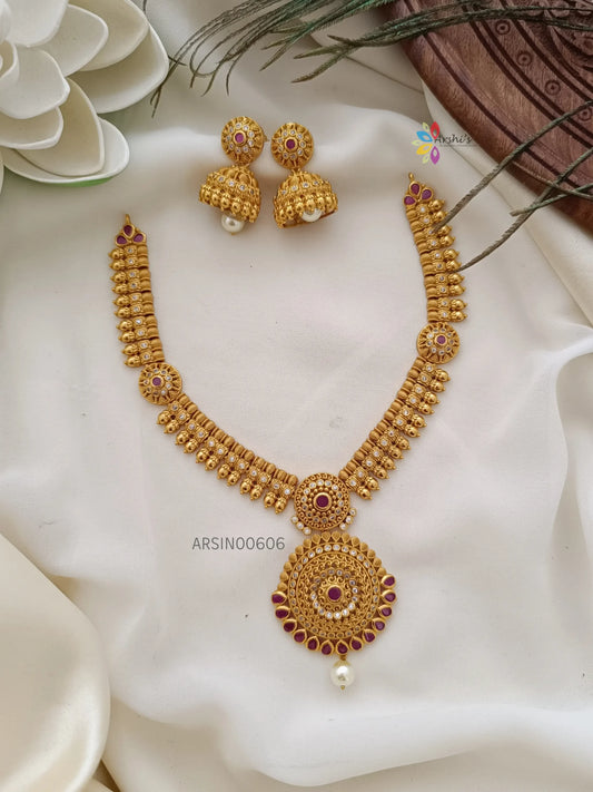 Gold Alike Red and White Stone Necklace