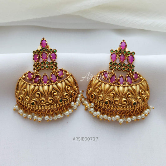 Traditional Pink And Green Stone Half Jhumka