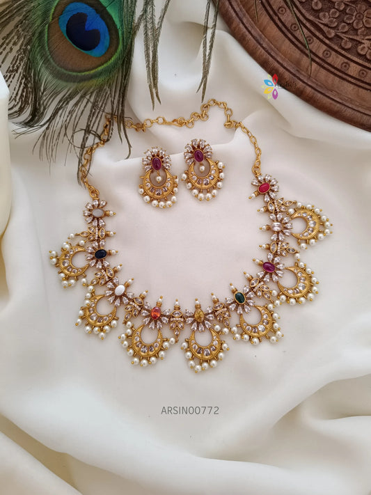 Navarathna Stone Chandbali Design Necklace