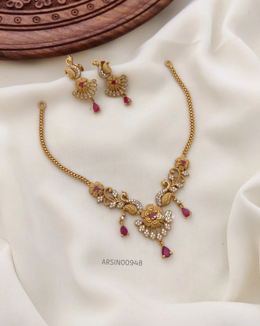 Trendy Peacock with Red and White Stone Necklace