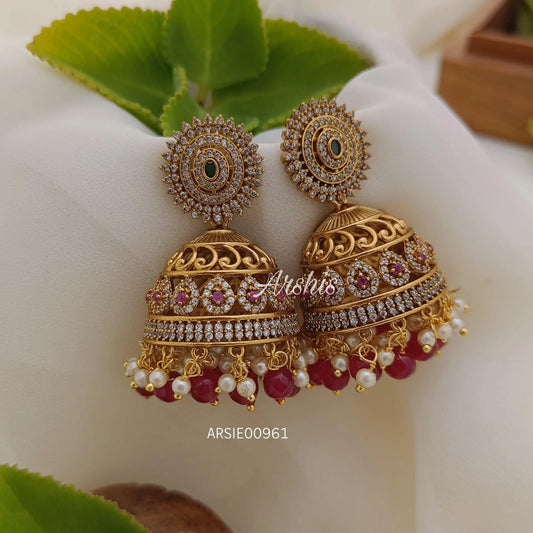 Bridal AD Stone Red Bead Jhumka