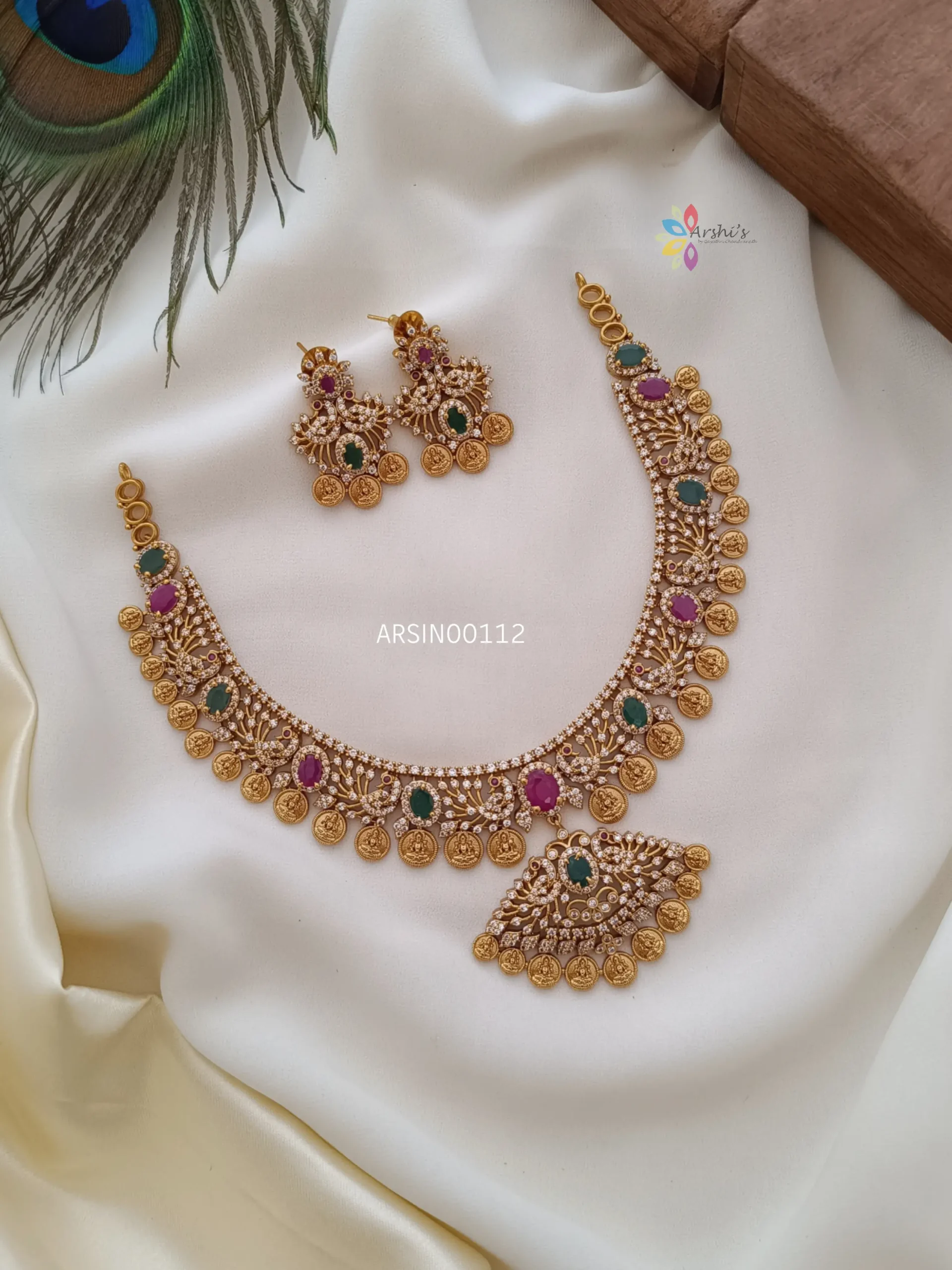 Traditional peacock AD lakshmi coin necklace
