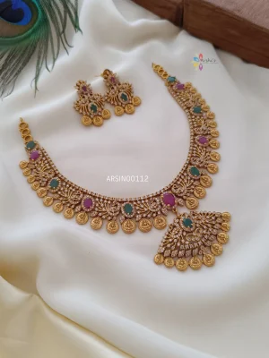 Traditional peacock AD lakshmi coin necklace
