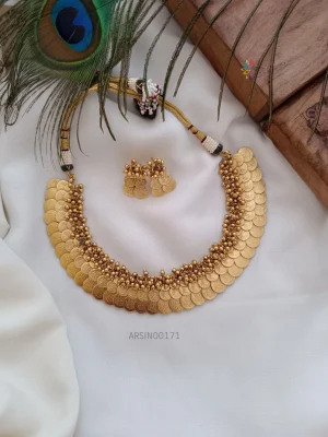 Traditional lakshmi coin gold bead necklace
