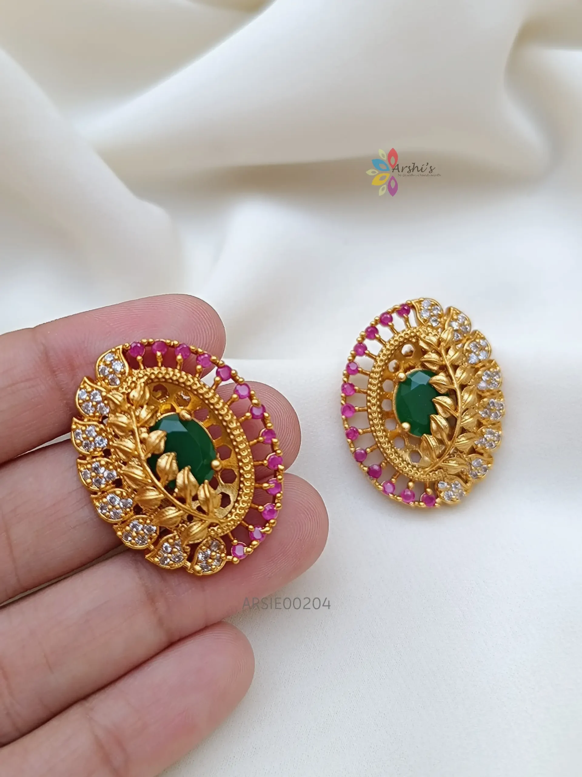 Buy Elegant Green Stone Flower Design Gold Plated Stud Earrings Online
