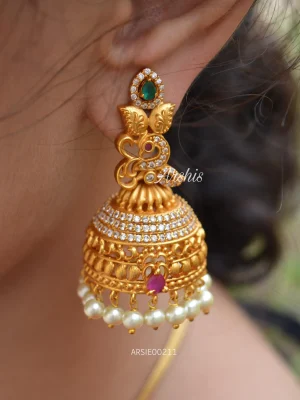 AD Stone Matte Peacock with Pearl Jhumka