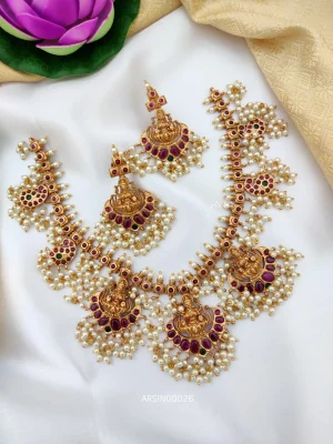 Traditional kemp Stone Lakshmi Guttapusalu Necklace