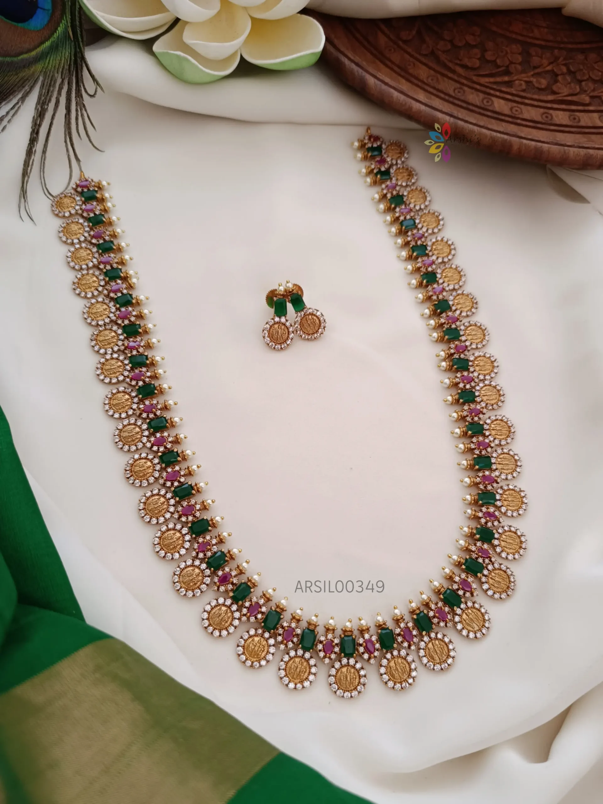 Drop Emerald Green Necklace Set (White-Gold)- NEC08122208 – Dilan Jewels