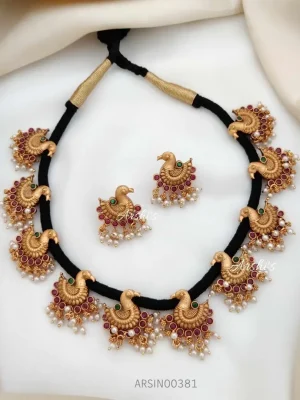 Black Threaded Peacock Design Necklace