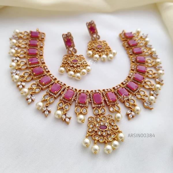 AD Ruby Stone With Pearls Necklace