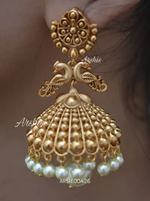 Antique Peacock With White Pearl Drop Jhumka