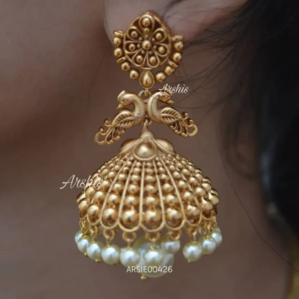 Antique Peacock With White Pearl Drop Jhumka