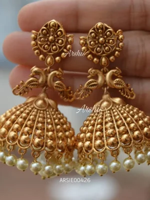 Antique Peacock With White Pearl Drop Jhumka