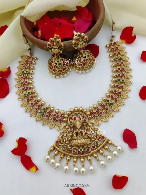 Traditional Temple Lakshmi Red And Green Necklace
