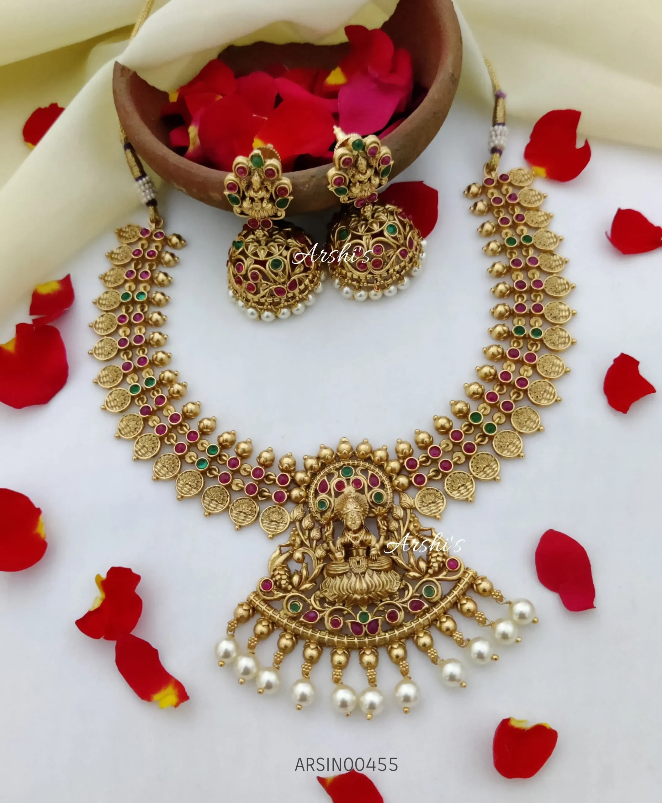 Traditional Temple Lakshmi Red And Green Necklace
