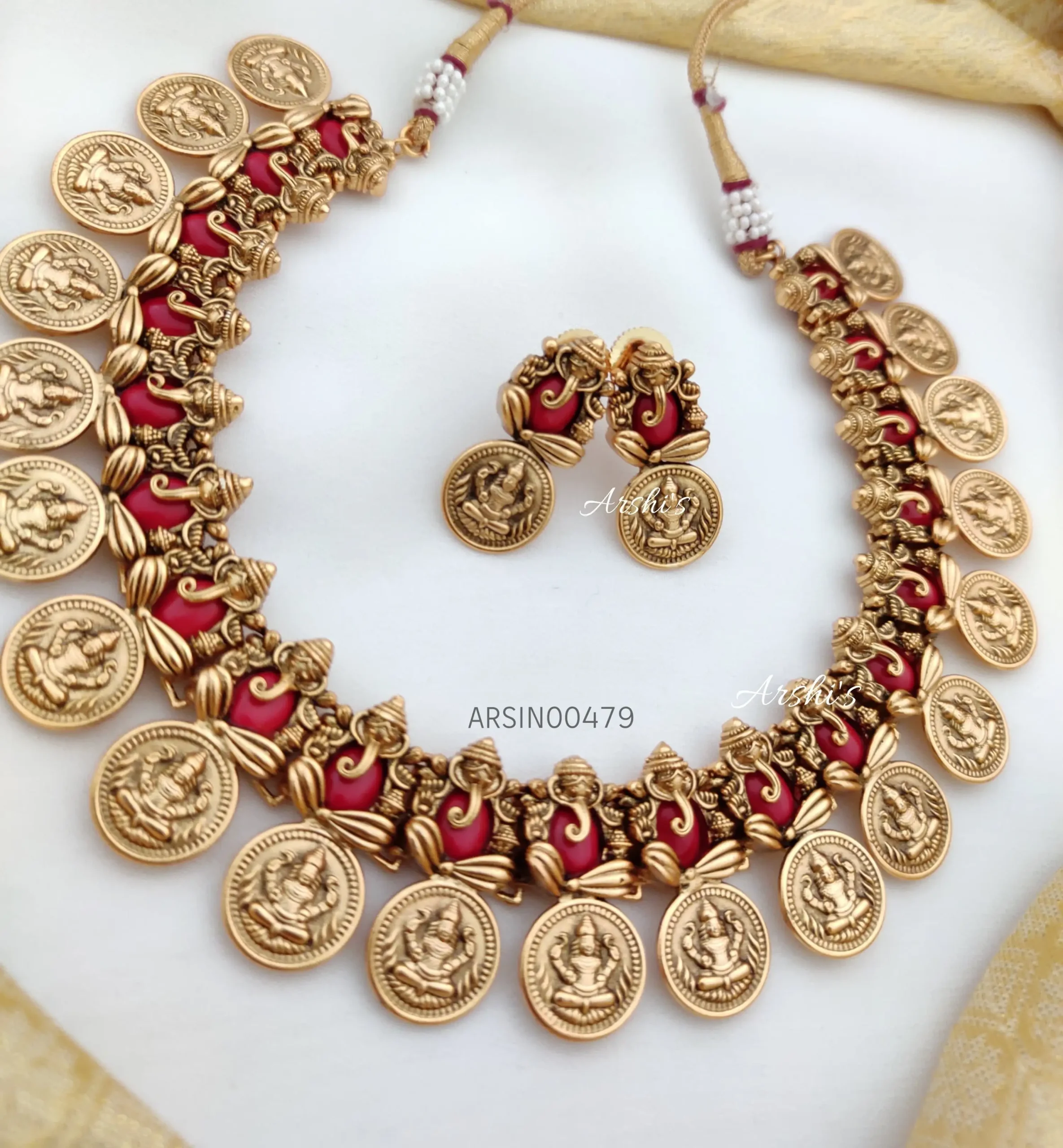 Traditional Red Ganesha Lakshmi Coin Necklace