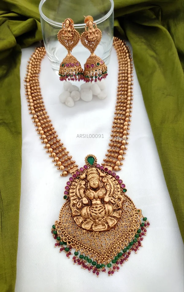 Temple Lakshmi Ruby And Green Beads Haram