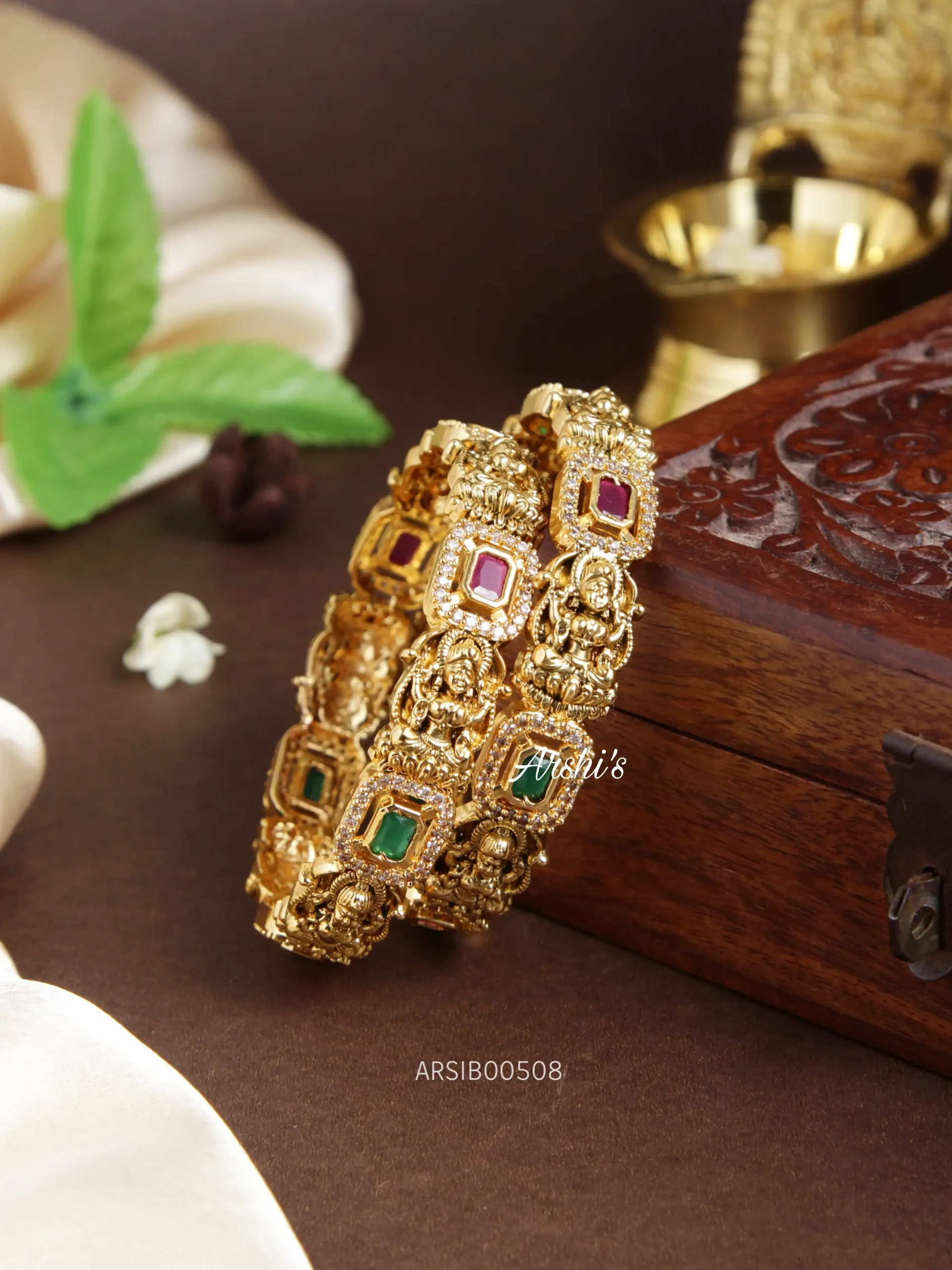 Goddess Lakshmi Temple Gold Plated Bangles with Red & Green Stones -  Traditional Elegance! | Sasitrends