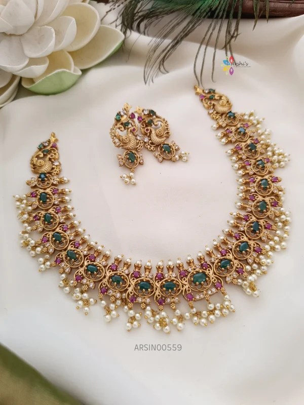 Buy Bridal Traditional Matte Gold Jewellery Set Guttapusalu Necklace Temple  Jewellery Set Necklace With Earrings South Indian Kempu Necklace Set Online  in India - Etsy
