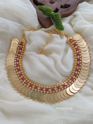 Lakshmi Coin Kemp and White Stone Necklace