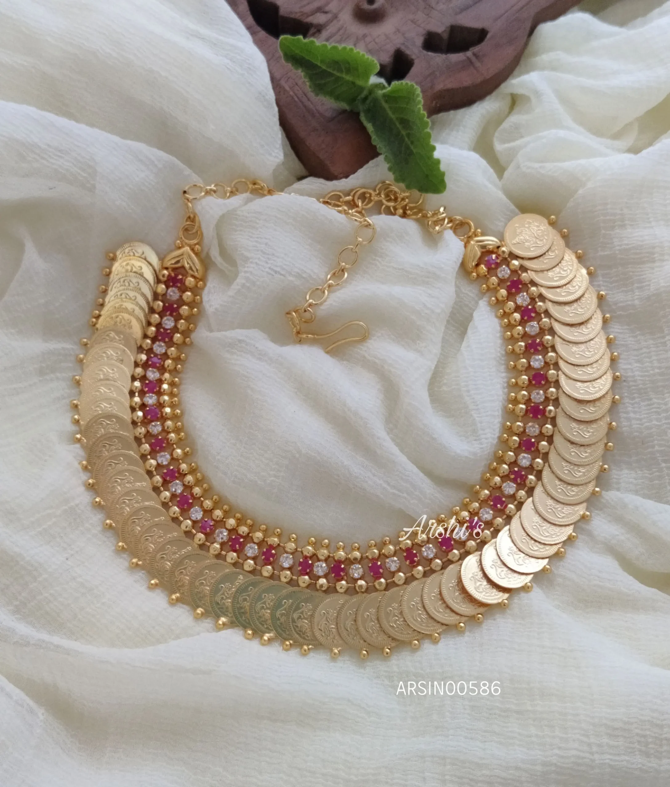 Gold Polish Ruby and White Lakshmi Coin Necklace