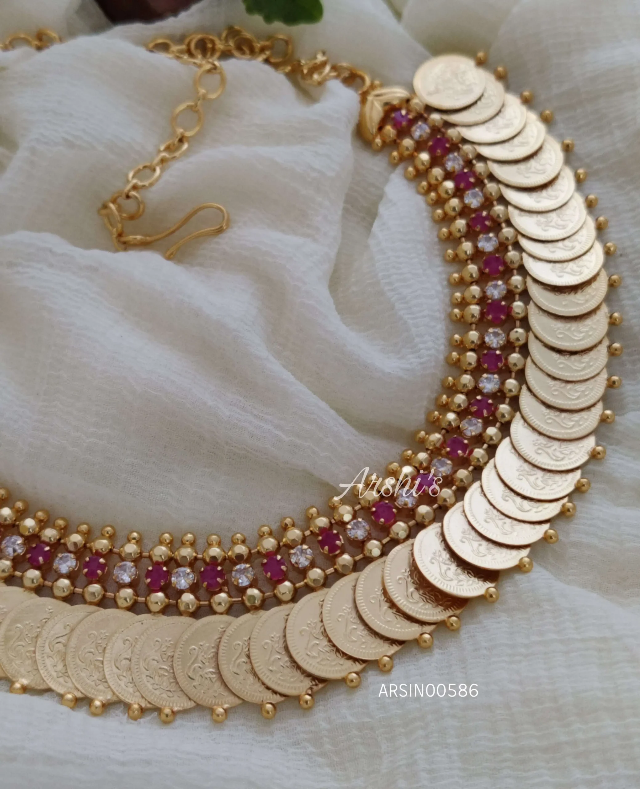 Gold Polish Ruby and White Lakshmi Coin Necklace