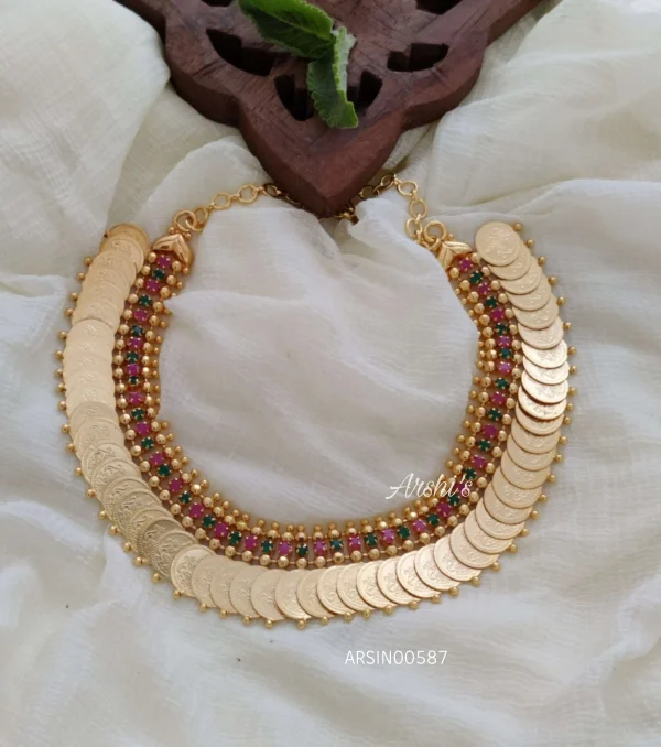 Lakshmi Coin Red and Green Stone Necklace