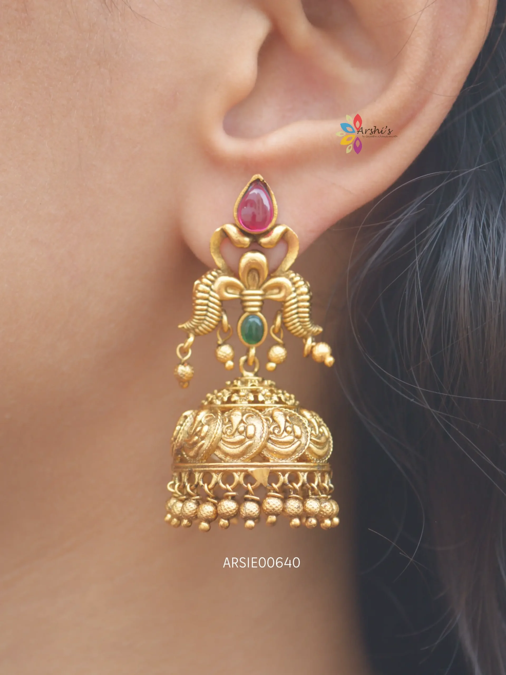 Traditional Ganesh coin kemp jumkha earring