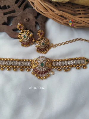 AD Stone Peacock Design Gold Beads Choker