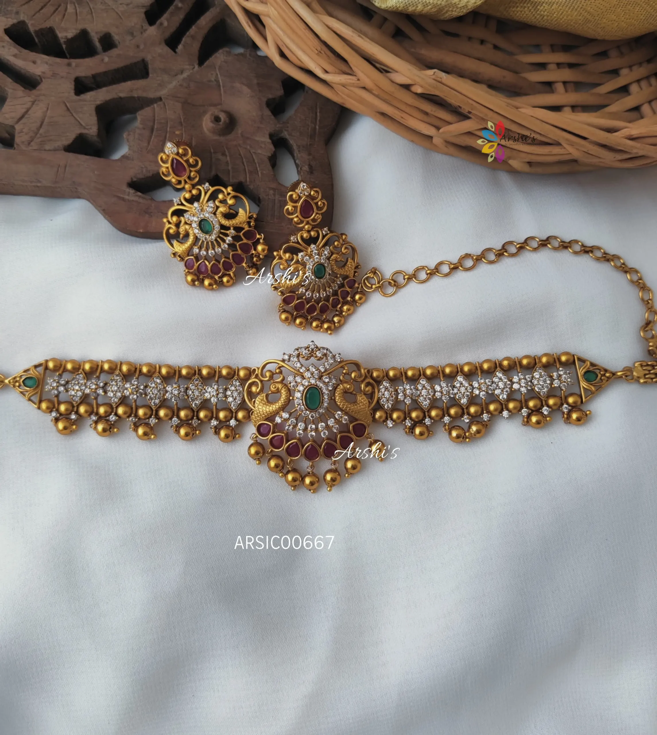 AD Stone Peacock Design Gold Beads Choker