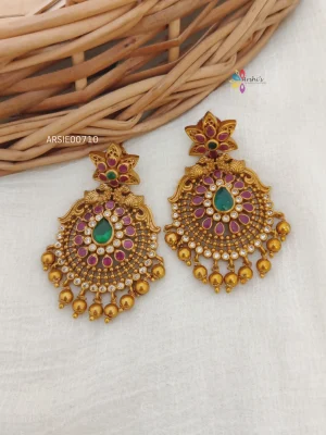 Gold Bead Multi Stone Chandbali Earrings