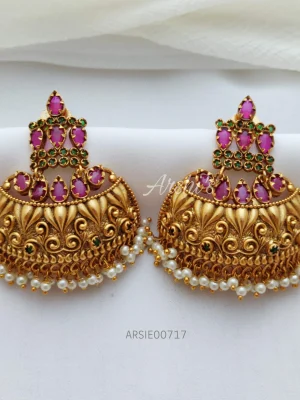 Traditional Pink And Green Stone Half Jhumka