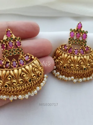 Traditional Pink And Green Stone Half Jhumka