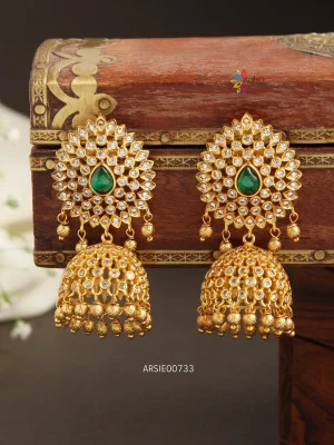 Gold Bead AD with Green Stone Jhumka