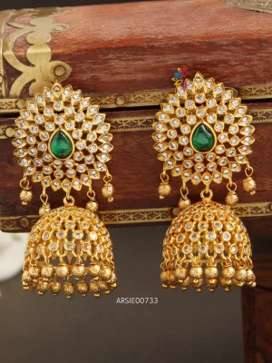 Gold Bead AD with Green Stone Jhumka