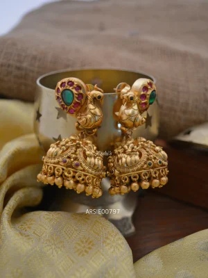 Traditional Gold Bead Peacock Lakshmi Jhumka