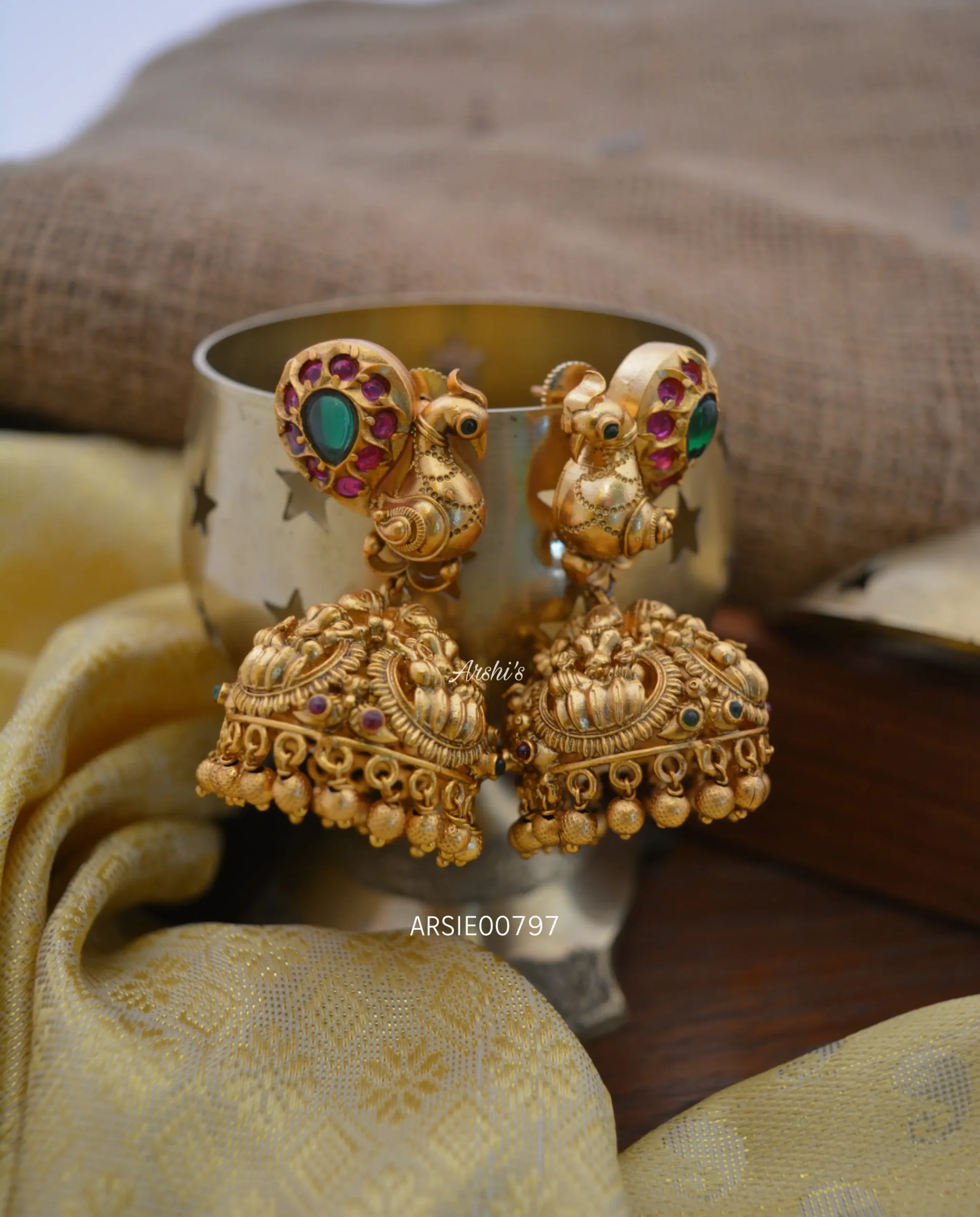 Traditional Gold Bead Peacock Lakshmi Jhumka