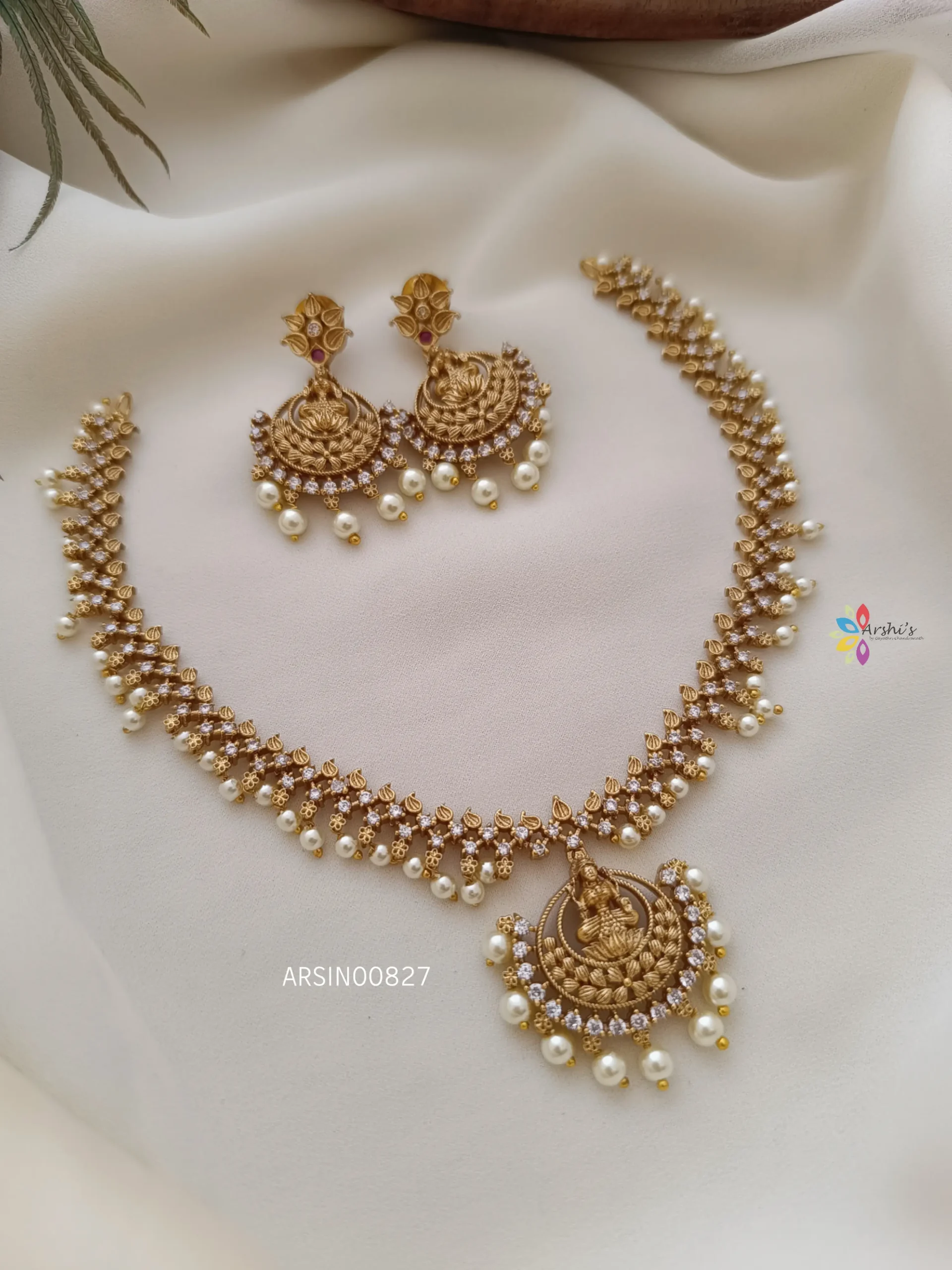 Lakshmi Pendant AD with Pearls Necklace