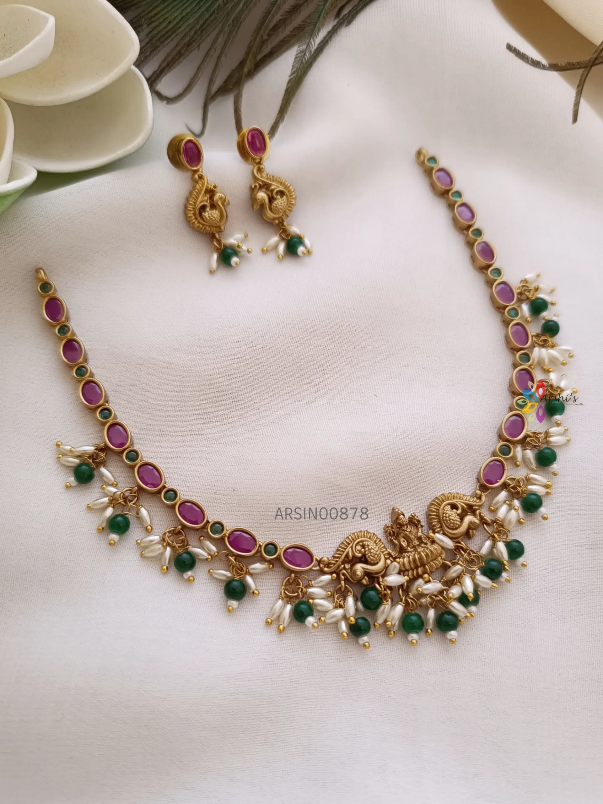 Traditional Lakshmi Pendant with Rice Pearl Necklace