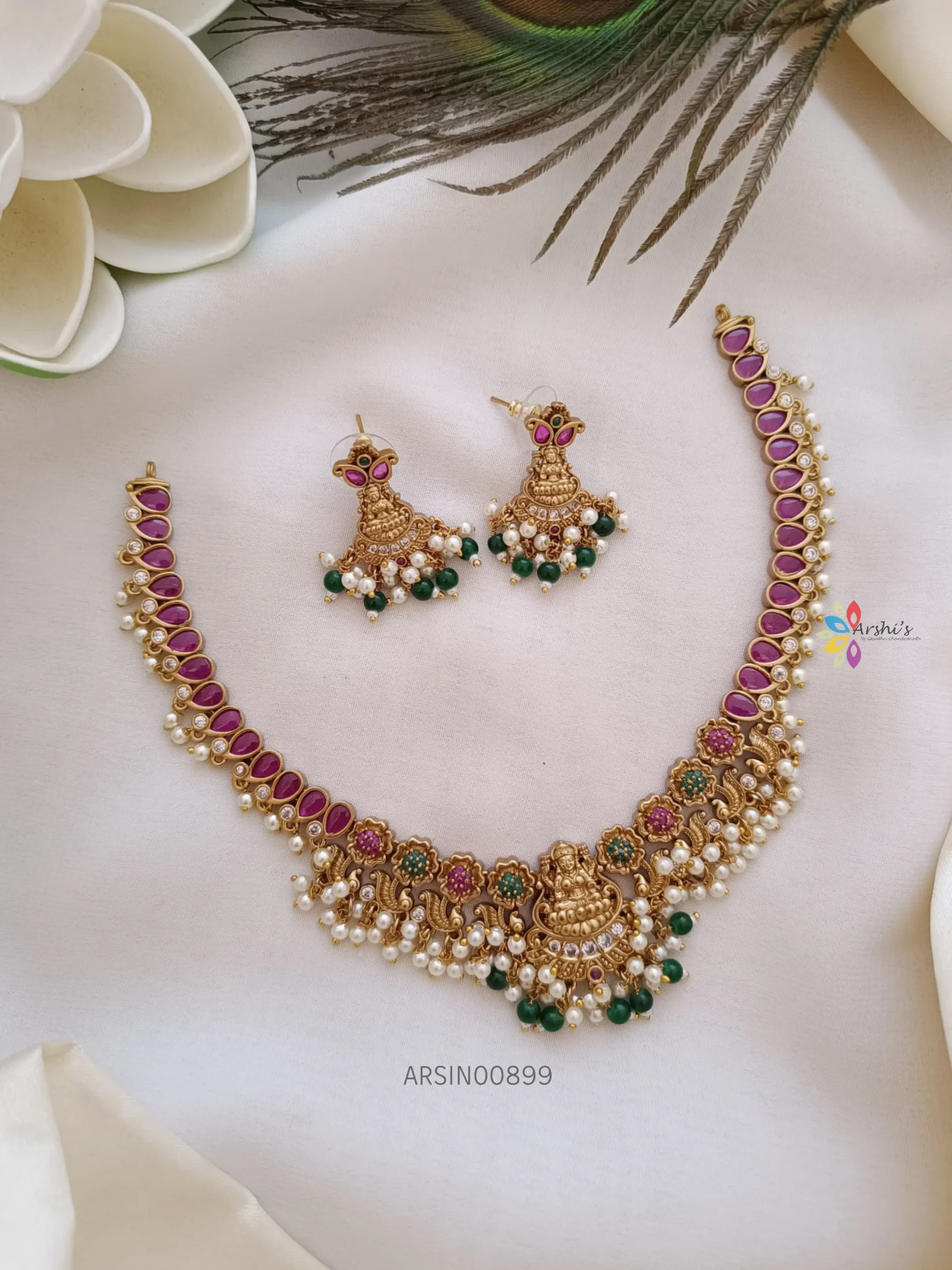 Small Lakshmi Pendant Pearl Drops Necklace