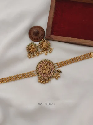 Three Layer Gold Ball Lakshmi Pendant Choker,