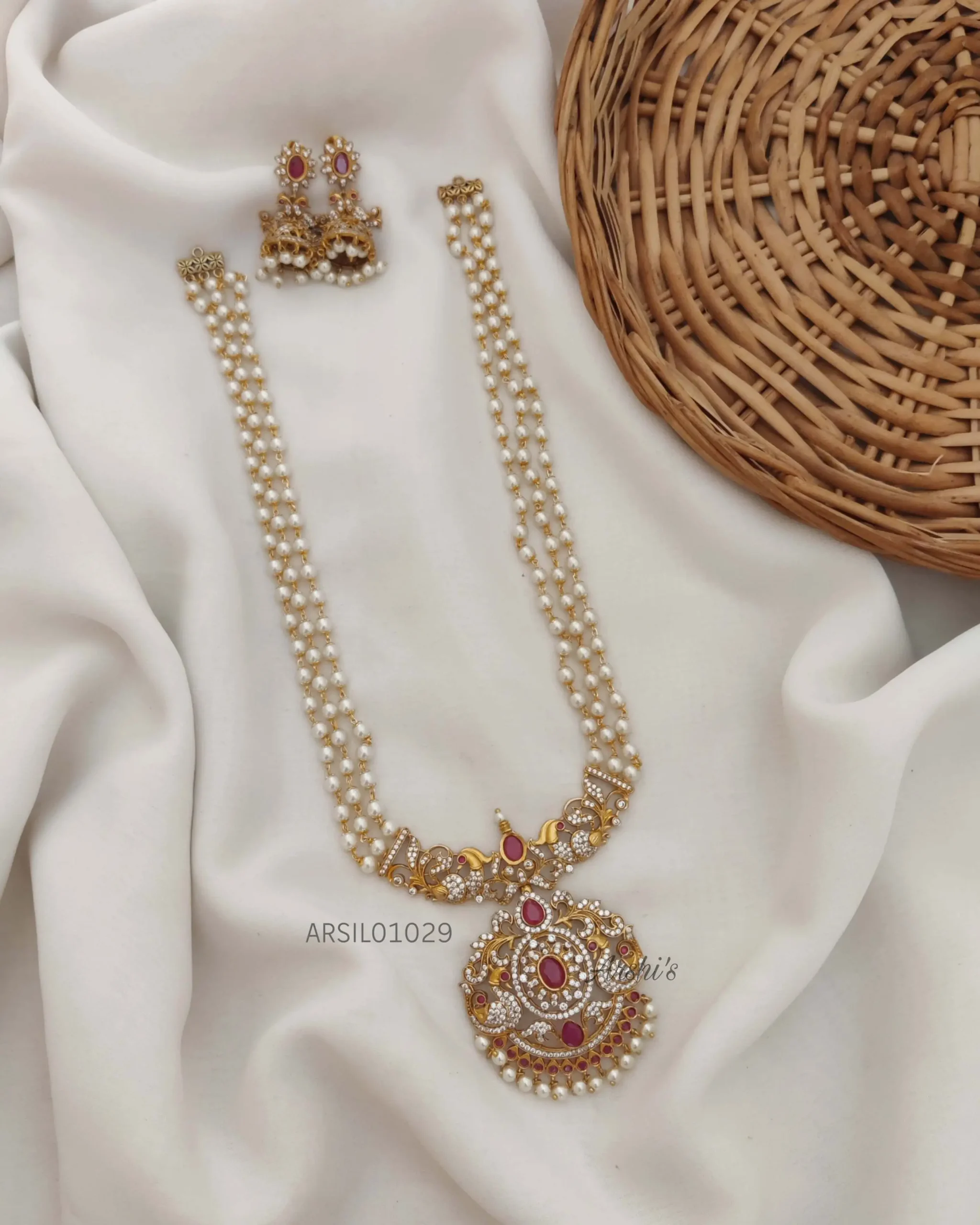 Three Layer Pearl with Stone Pendant Haram