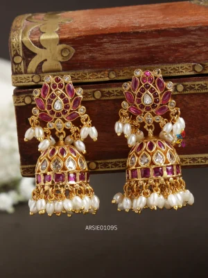 Traditional Red and White Stone Jhumka