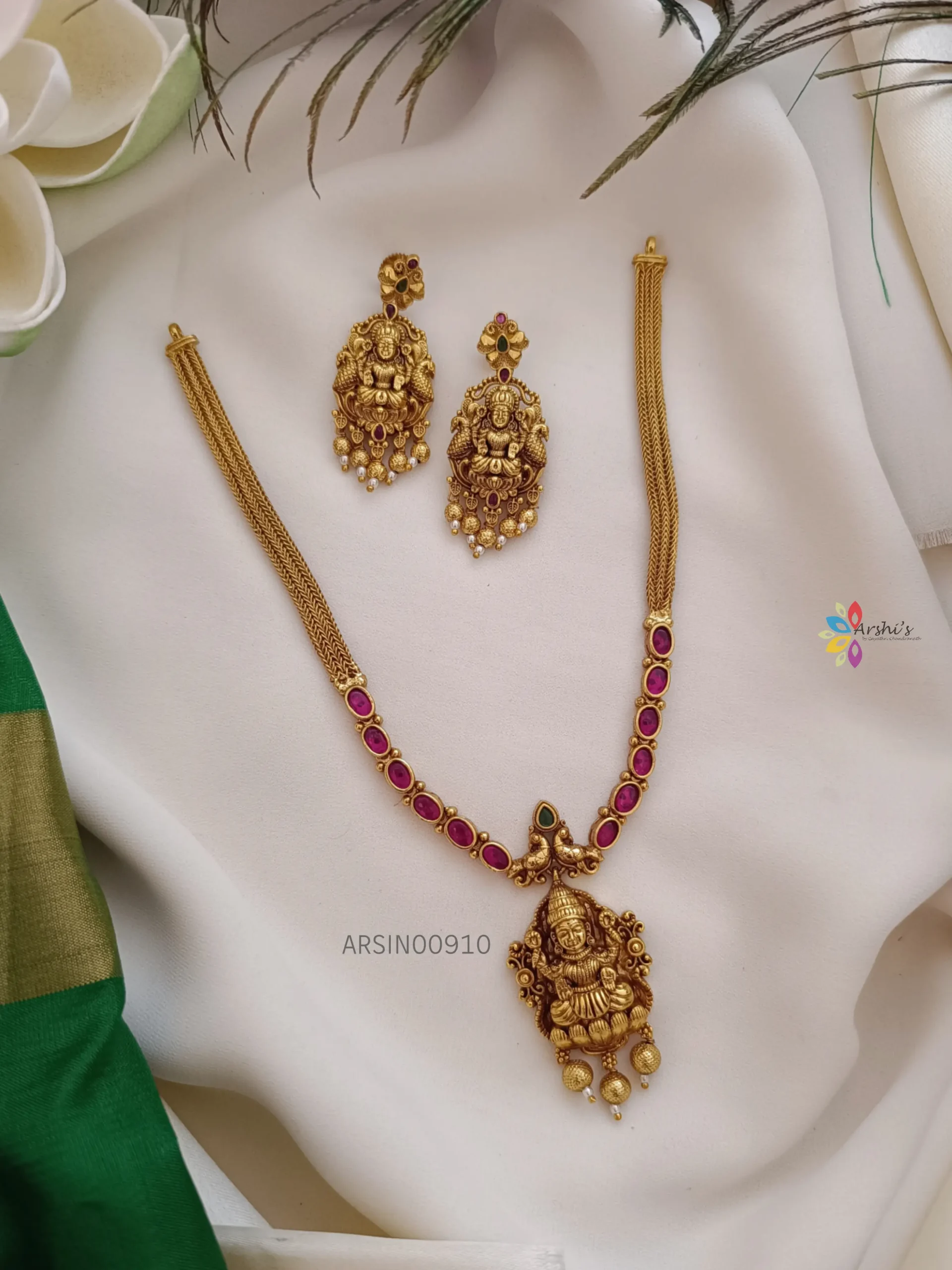 Elegant Lakshmi Pendant Red Stone Necklace